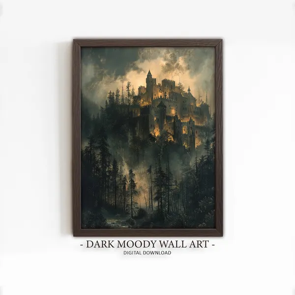 Gothic Castle Painting, Dark Moody Halloween Art Print