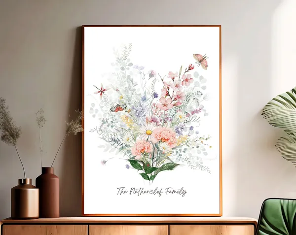 Birth Flower Bouquet Custom Wall Art Print, Personalized Gift