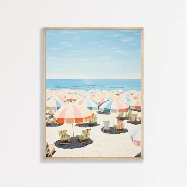 Retro Beach Umbrellas Art Print, Coastal Minimalist