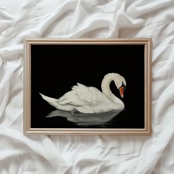 White Swan Painting, Dark Vintage Wall Art Print