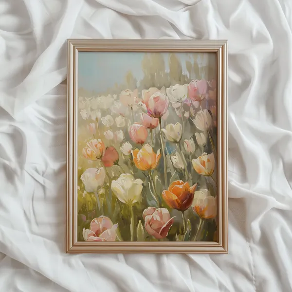 Tulip Landscape Painting, Colorful Floral Spring Print