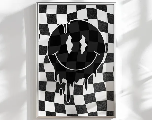 Melting Smiley Face Black and White Art Print