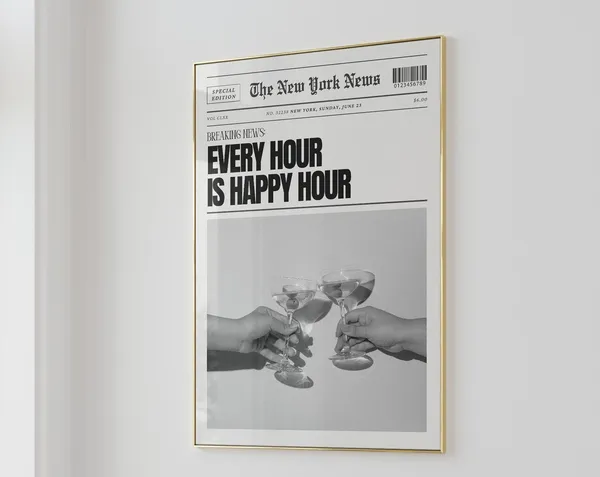 Newspaper Cocktail Poster, Vintage Retro Bar Cart