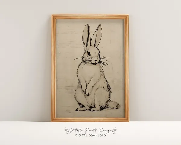 Vintage Rabbit Muted Green Wall Art Print
