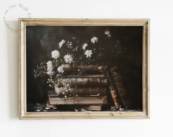 Rustic Book Stack Art Print, Moody Dark Academia