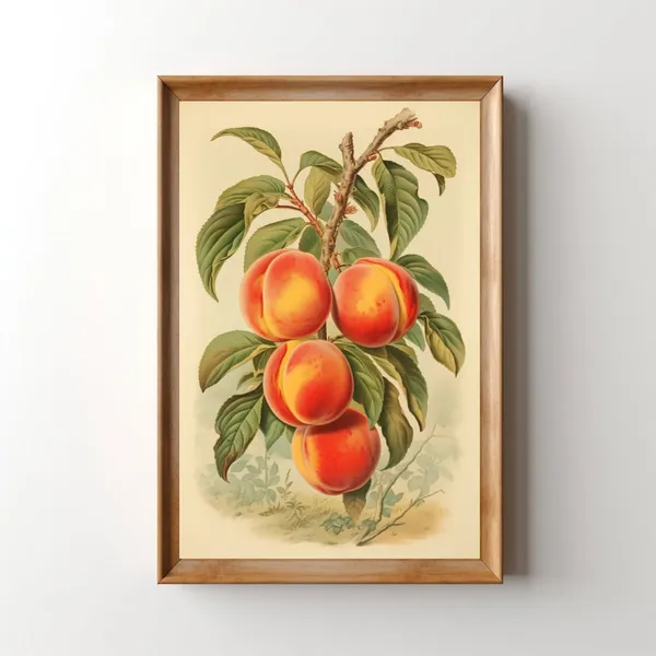 Vintage Peaches Lithograph, Retro Kitchen Art Print