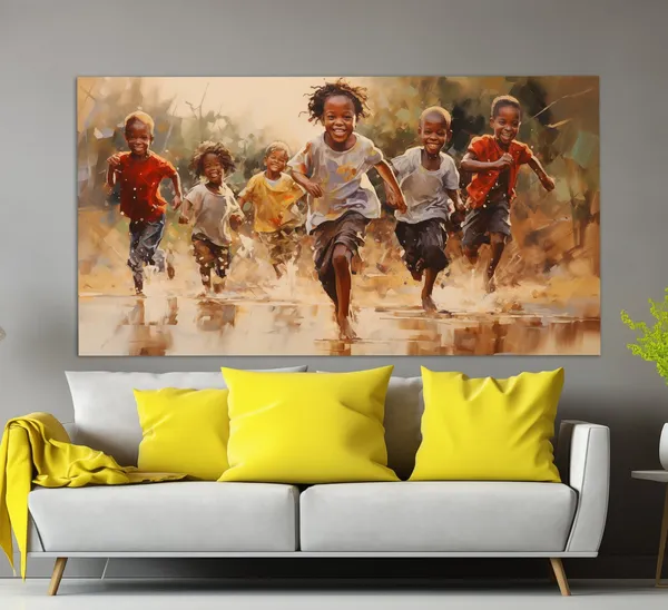 Happy Running Kids, Oil Painting Style Art Print