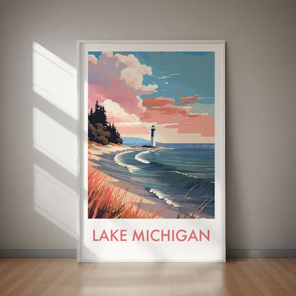 Lake Michigan Travel Poster, Lake and Shoreline Print