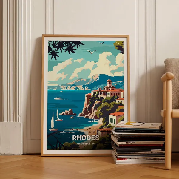 Rhodes Greece Travel Poster, Scenic Island Landscape