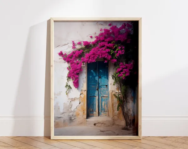 Blue Door With Bougainvillea, Vintage Floral Art