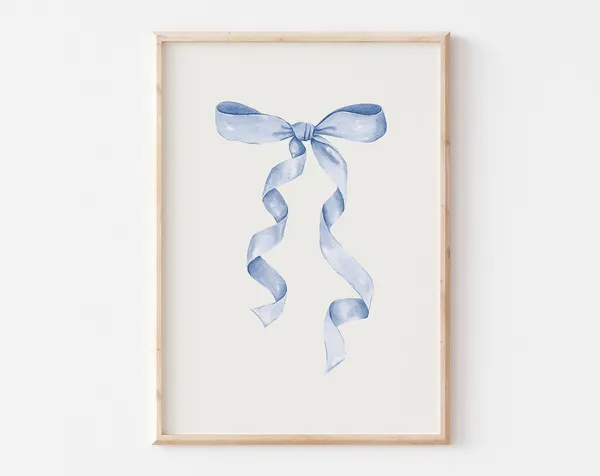 Blue Bow Nursery Art Print, Coastal Coquette Decor
