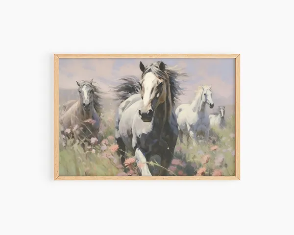 Wild Horses Watercolor Art Print, Spring Neutral