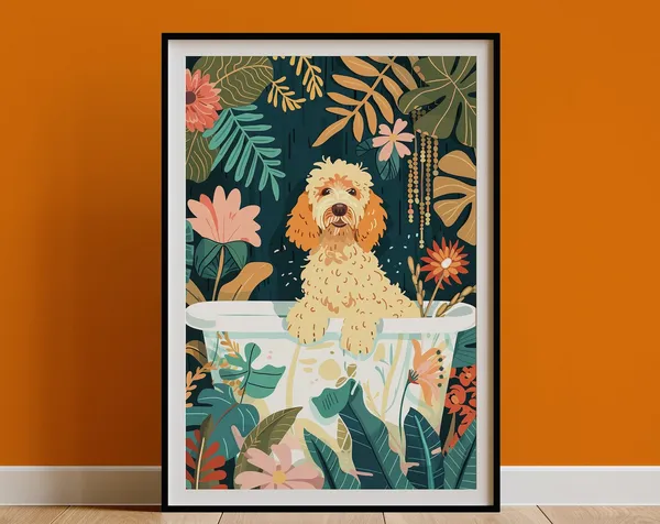 Goldendoodle Boho Jungle Bathtub Wall Art Print