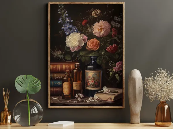Dark Surreal Magic Book and Flowers, Dark Academia Art Print
