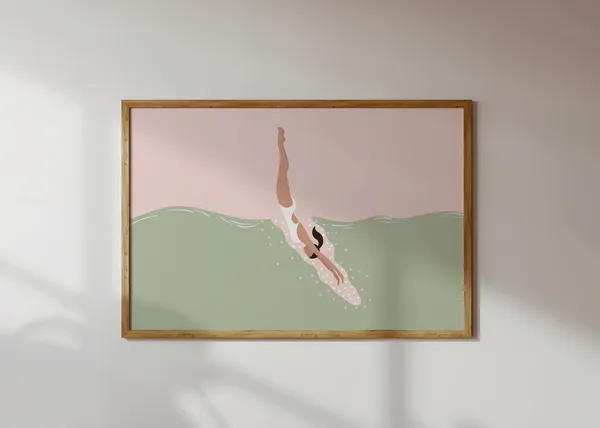 Retro Swimmer Diving Art Print, Vintage Pool Decor