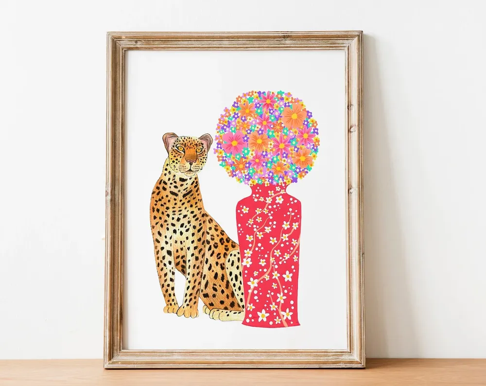 Leopard Floral Jungle Animal Poster, Living Room Decor