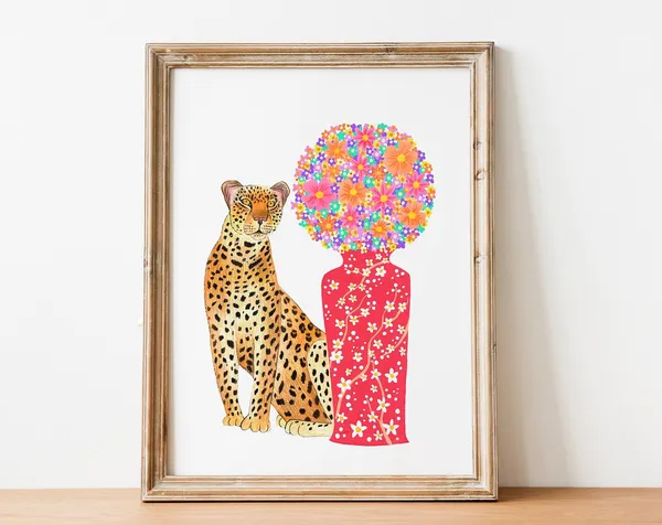 Leopard Floral Jungle Animal Poster, Living Room Decor