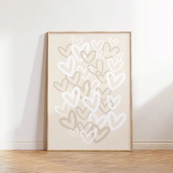 Hearts Print, Beige Preppy Wall Art Poster