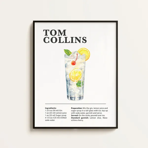 Tom Collins Recipe Poster Print, Cocktail Art