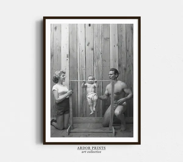 Baby Doing Pullups Poster, Vintage Gym Decor