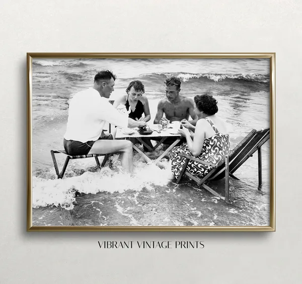 Tea Party In Surf, Vintage Black And White Art Print