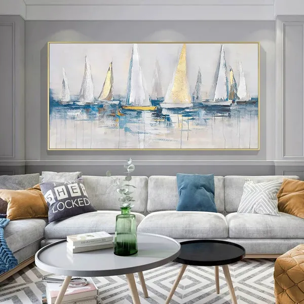 Sailboat Party Harbor Landscape, Oil Painting Art Print