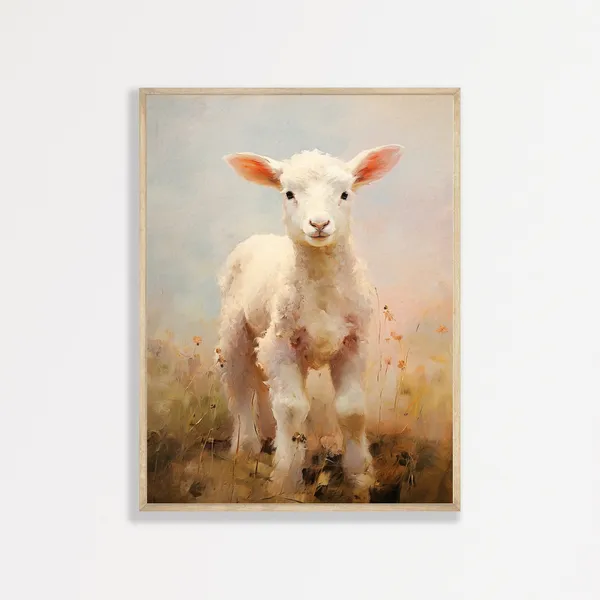 Vintage Lamb Painting, Minimalist Nursery Art Print