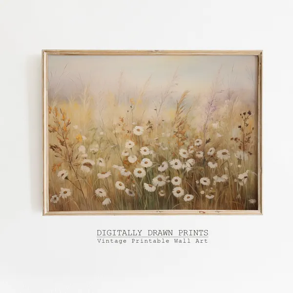 Spring Wildflowers Field Print, Neutral Farmhouse Decor