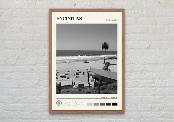 Black And White Encinitas Travel Poster, California