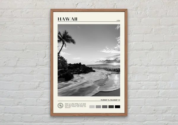 Black and White Hawaii Travel Poster, Hawaiian Islands