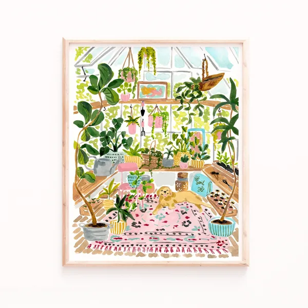 Greenhouse Garden Watercolor Art Print, Yellow Lab