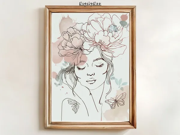 Woman Line Drawing Art Print, Minimalist Floral Hat