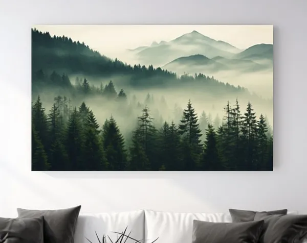 Forest Mountain Fog Landscape Art Print, Christmas Decor