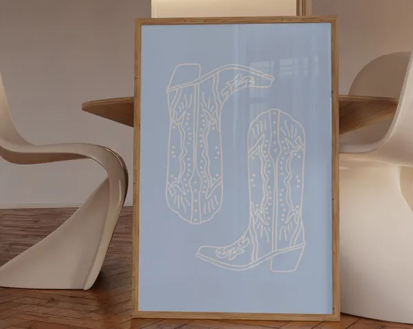 Cowboy Boots Blue Art Print, Trendy Western Poster