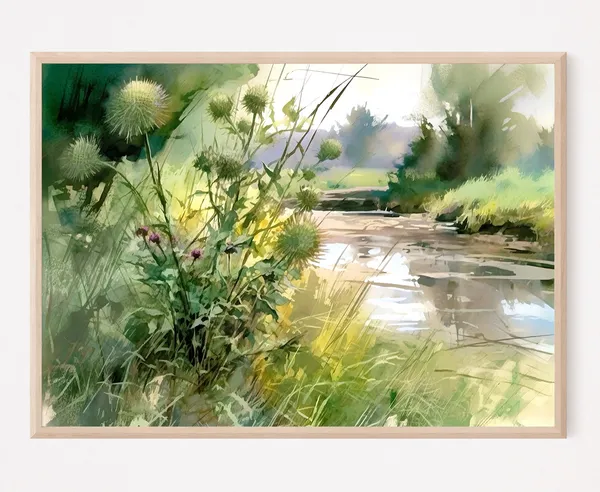 Country Landscape Rural River Art Print, Summer Field