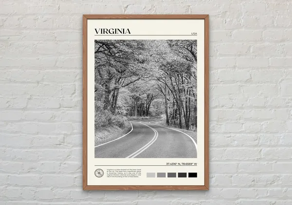 Virginia Travel Poster, Black and White State Art