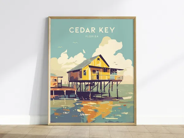 Cedar Key Florida Vintage Travel Poster, Stilt House