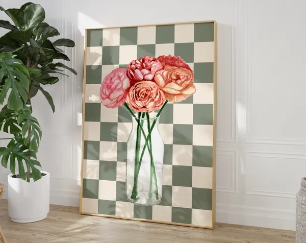 Bouquet Of Flowers Art Print, Checkered Floral Decor