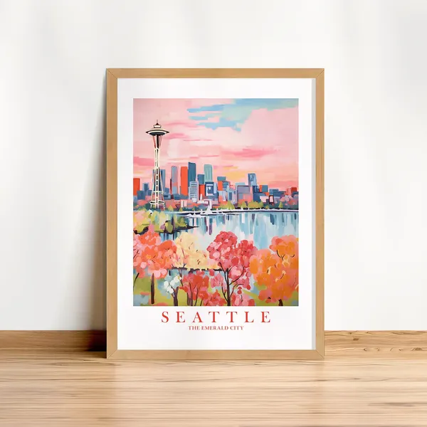 Seattle Travel Poster, Retro City Skyline Art Print
