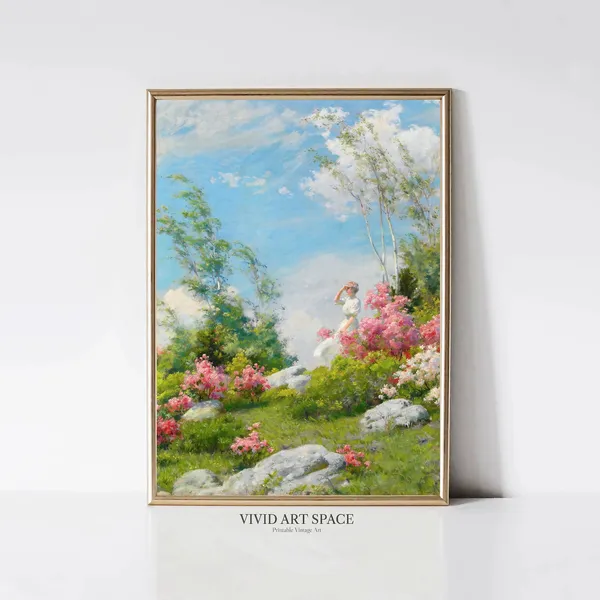 May Morning Vintage Landscape Art Print, Victorian Garden