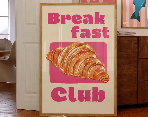 Croissant Breakfast Club Retro Kitchen Art Print