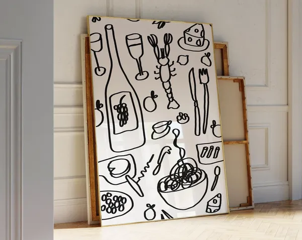 Seafood Black And White Kitchen Bar Cart Poster