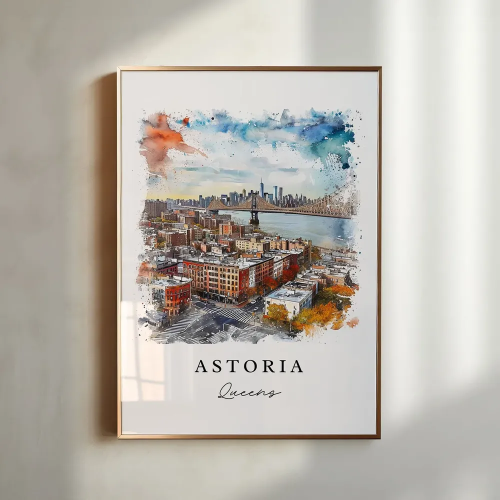 Astoria Queens Watercolor Travel Poster, NYC Print