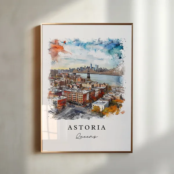 Astoria Queens Watercolor Travel Poster, NYC Print