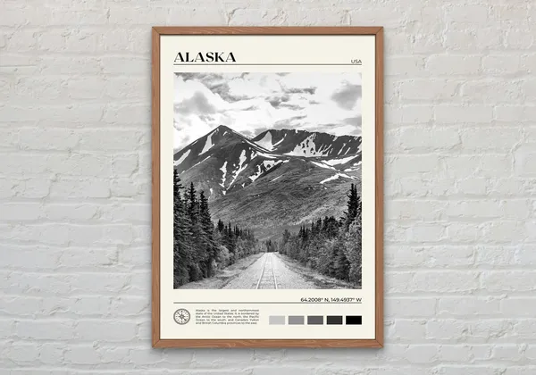 Alaska Black and White Travel Poster, Wall Art Print