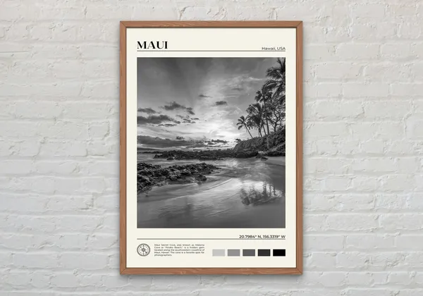 Black And White Maui Travel Poster, Hawaii Wall Art