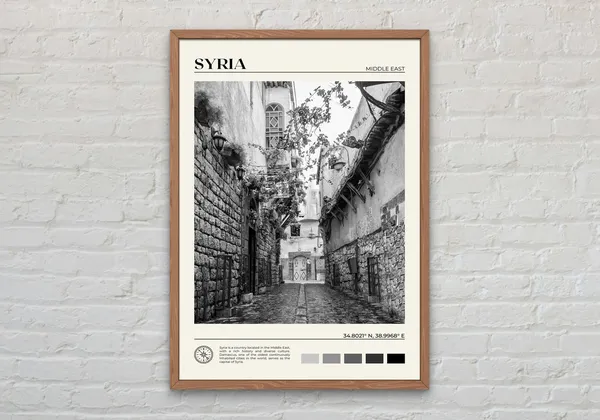 Black and White Syria Travel Poster, Middle East