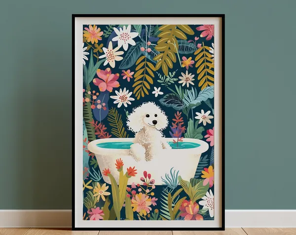 White Poodle Boho Jungle Bathtub Art Print