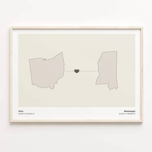 Ohio To Mississippi Minimalist State Connection Map Poster