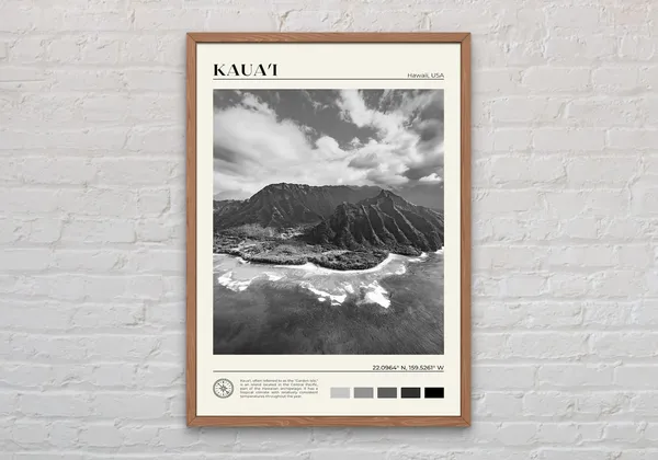Black And White Kauai Travel Art Print, Hawaii